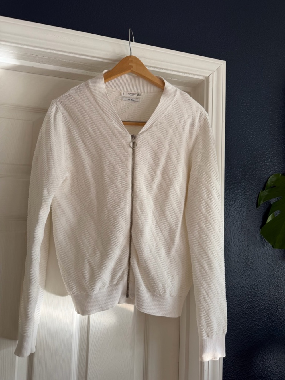 Mango White Textured Zip-Front Bomber Jacket